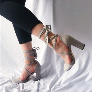 JUSTFAB Lace Up Heels in Gray
